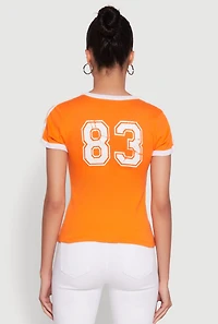 Womens Stylish 83 Graphic Contrast Trim Cotton Jersey Tee, Orange, Size M