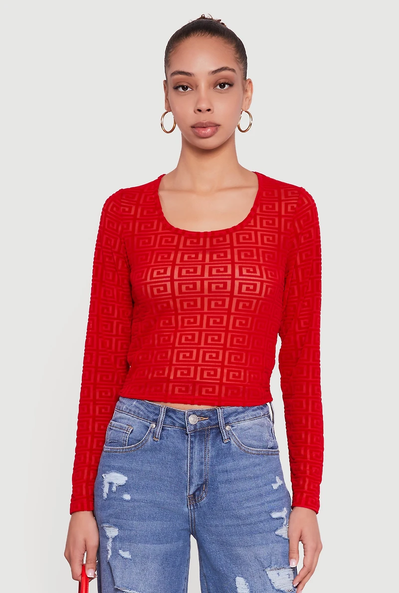 Womens Greek Key Velvet Burnout Long Sleeve Top, Red, Size L