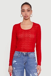 Womens Greek Key Velvet Burnout Long Sleeve Top, Red, Size L