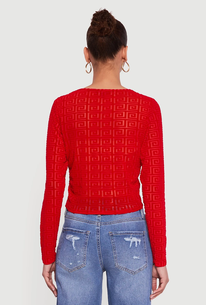 Womens Greek Key Velvet Burnout Long Sleeve Top, Red, Size L