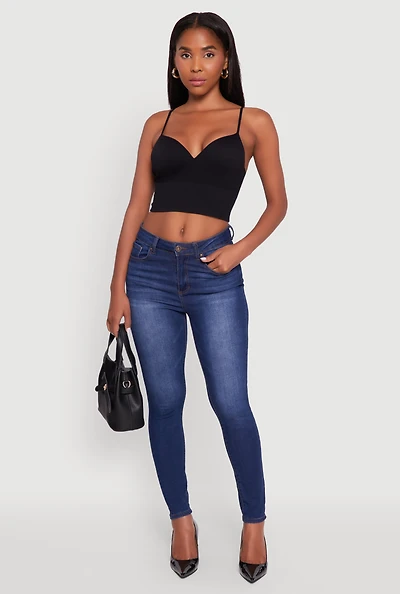 Womens Seamless Cropped Padded Shelf Bra Cami, Black, Size S-M