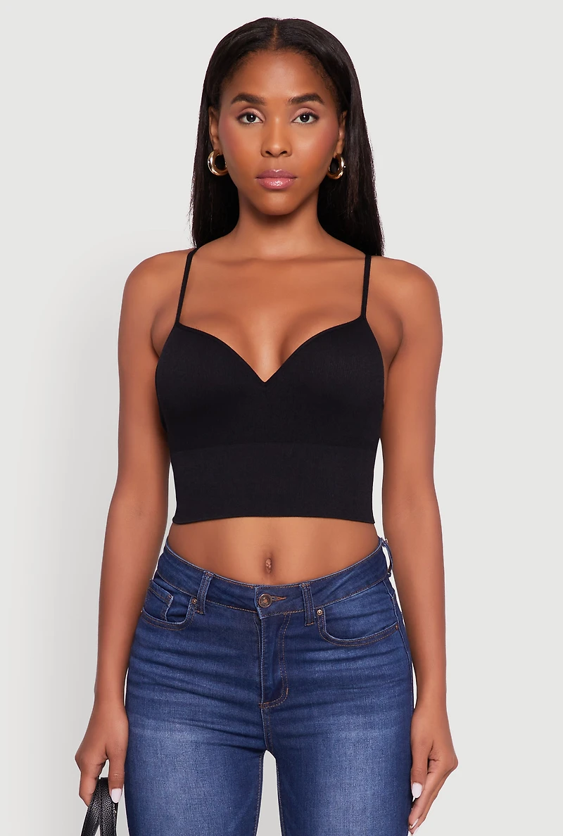Womens Seamless Cropped Padded Shelf Bra Cami, Black, Size S-M