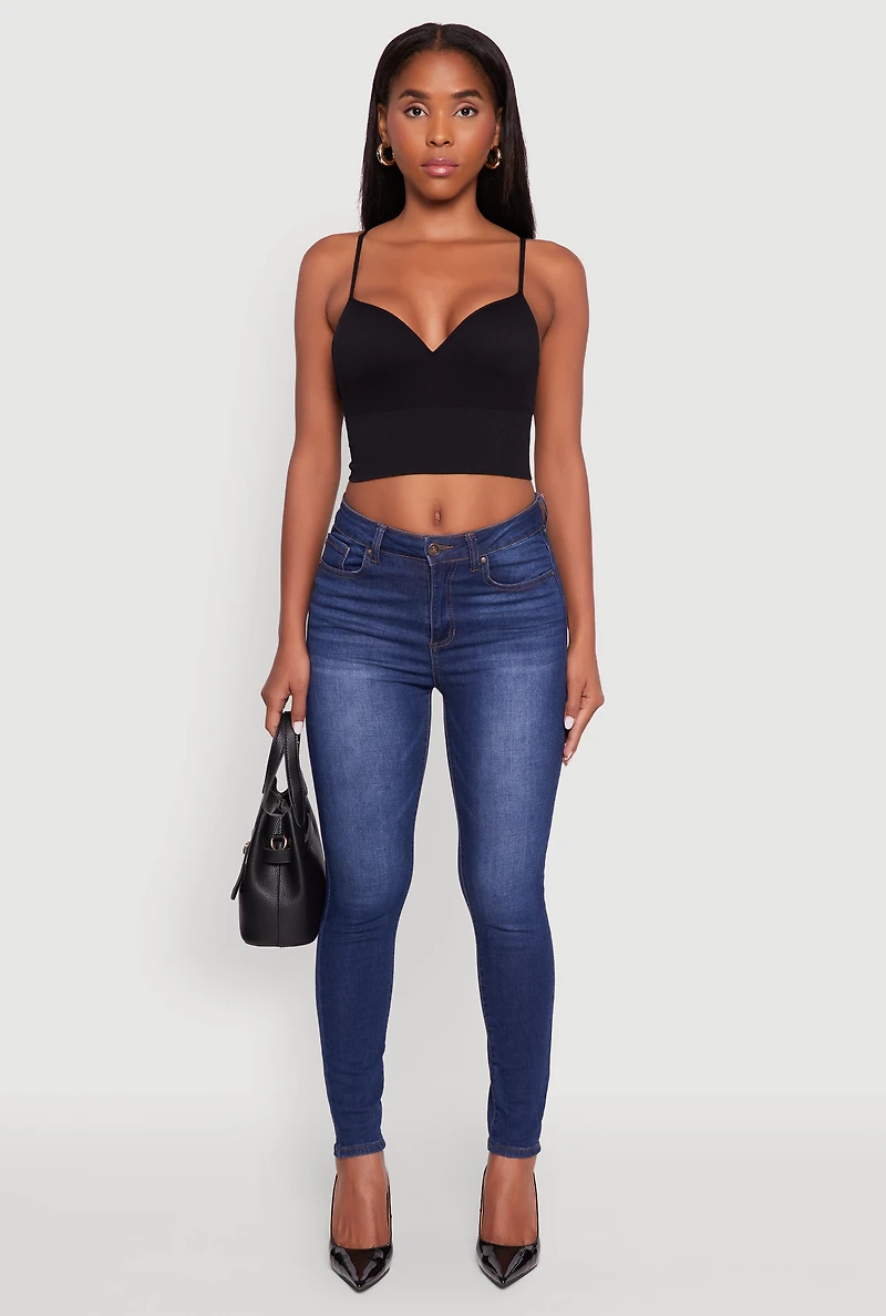 Womens Seamless Cropped Padded Shelf Bra Cami, Black, Size S-M