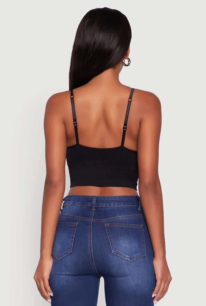Womens Seamless Cropped Padded Shelf Bra Cami, Black, Size S-M