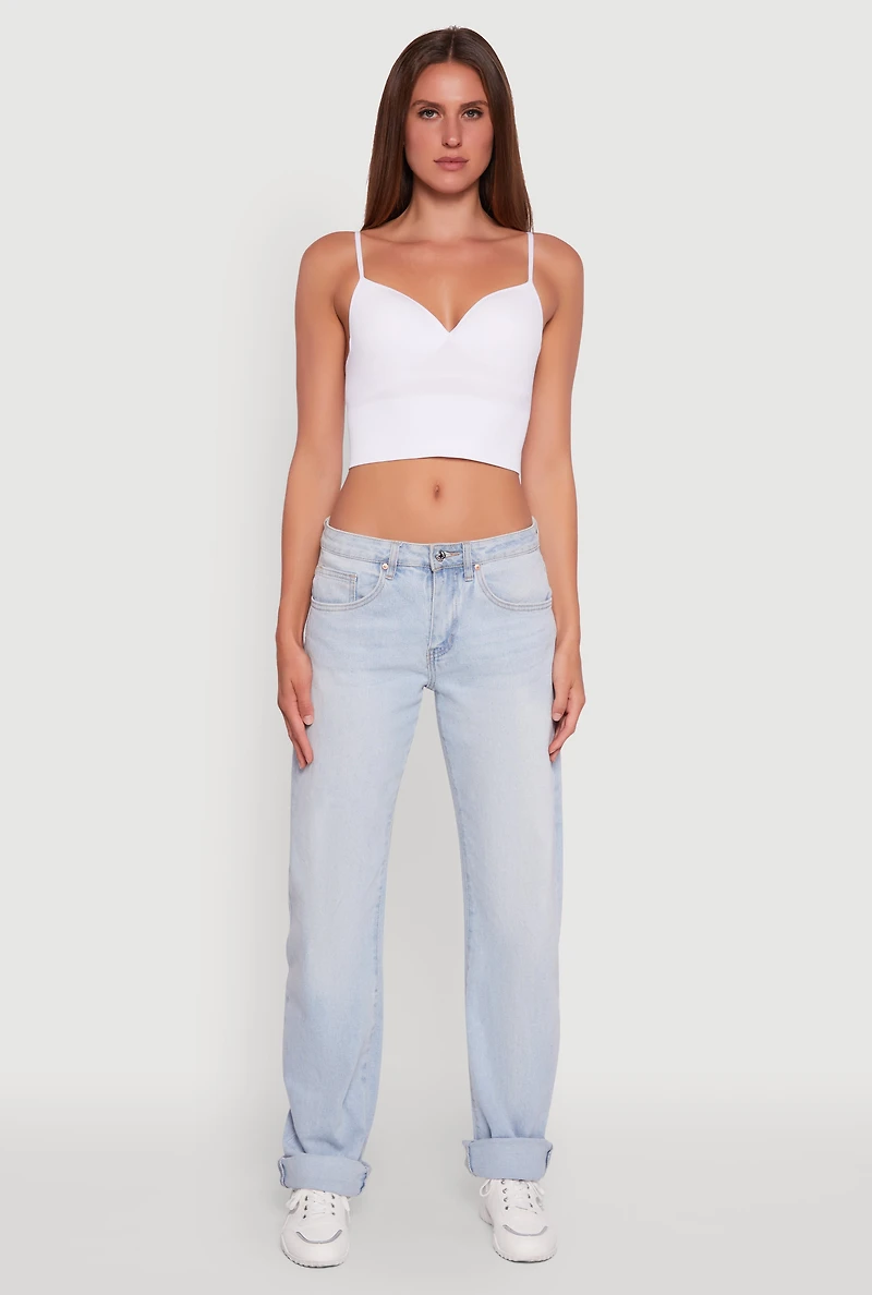 Womens Seamless Cropped Padded Shelf Bra Cami, White, Size S-M