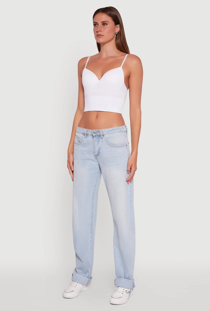 Womens Seamless Cropped Padded Shelf Bra Cami, White, Size S-M