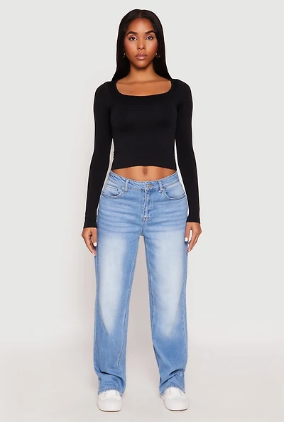 Womens Seamless Double Layered Long Sleeve Crop Top, Black, Size S-M