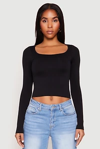 Womens Seamless Double Layered Long Sleeve Crop Top, Black, Size S-M