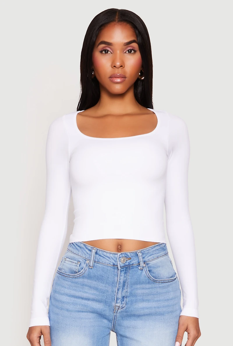 Womens Seamless Double Layered Long Sleeve Crop Top, White, Size L-XL