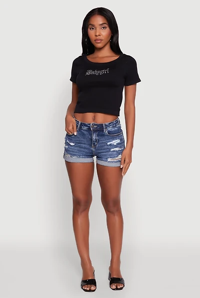Womens Seamless Rhinestone Babygirl Graphic Cropped Tee, Black, Size S-M