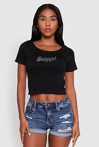 Womens Seamless Rhinestone Babygirl Graphic Cropped Tee, Black, Size S-M