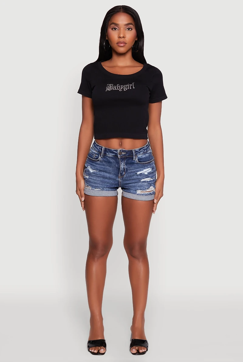 Womens Seamless Rhinestone Babygirl Graphic Cropped Tee, Black, Size L-XL