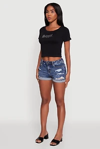 Womens Seamless Rhinestone Babygirl Graphic Cropped Tee, Black, Size S-M