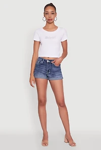 Womens Seamless Rhinestone Babygirl Graphic Cropped Tee, White,