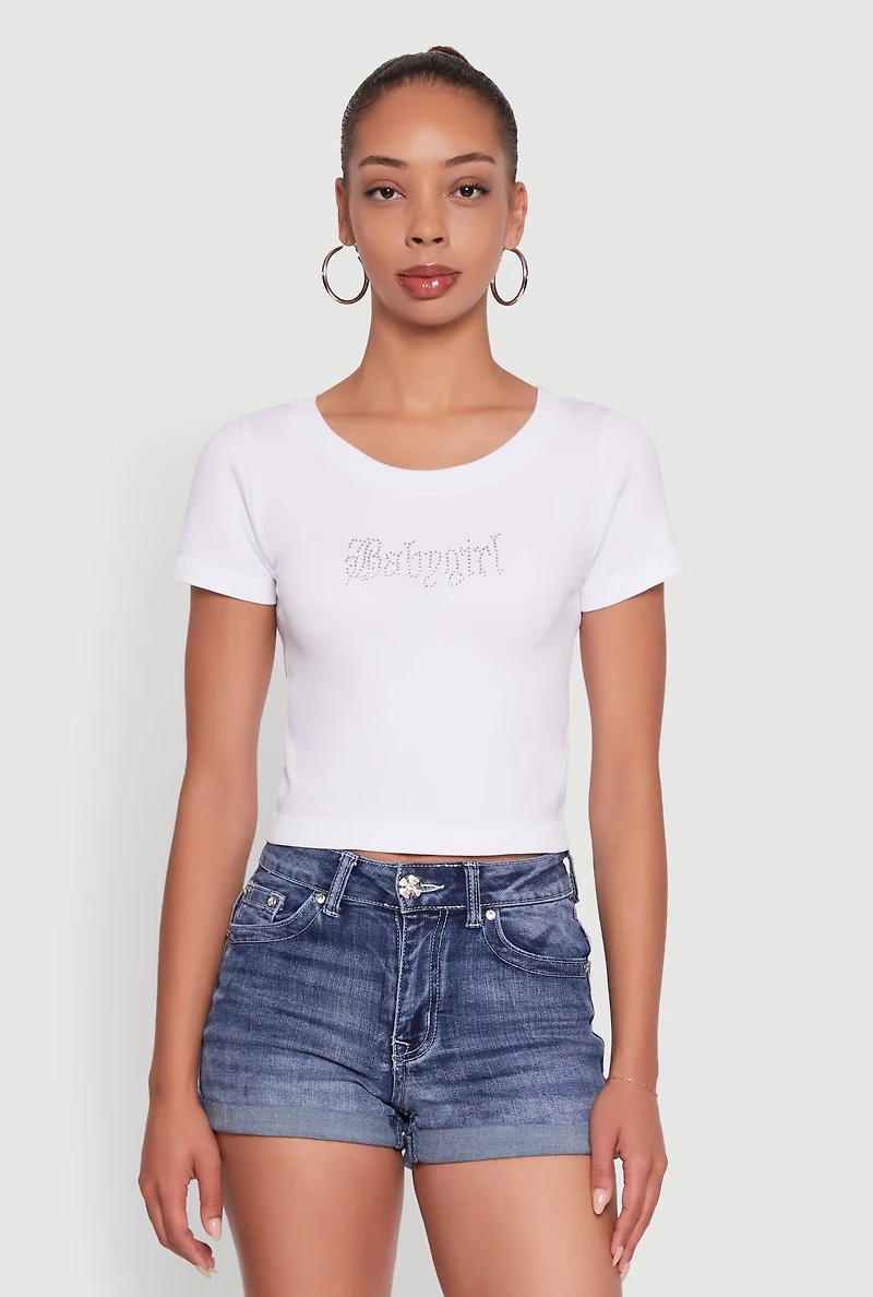 Womens Seamless Rhinestone Babygirl Graphic Cropped Tee, White,