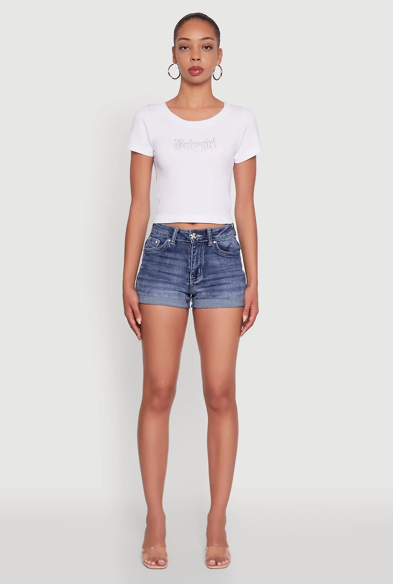 Womens Seamless Rhinestone Babygirl Graphic Cropped Tee, White, Size S-M