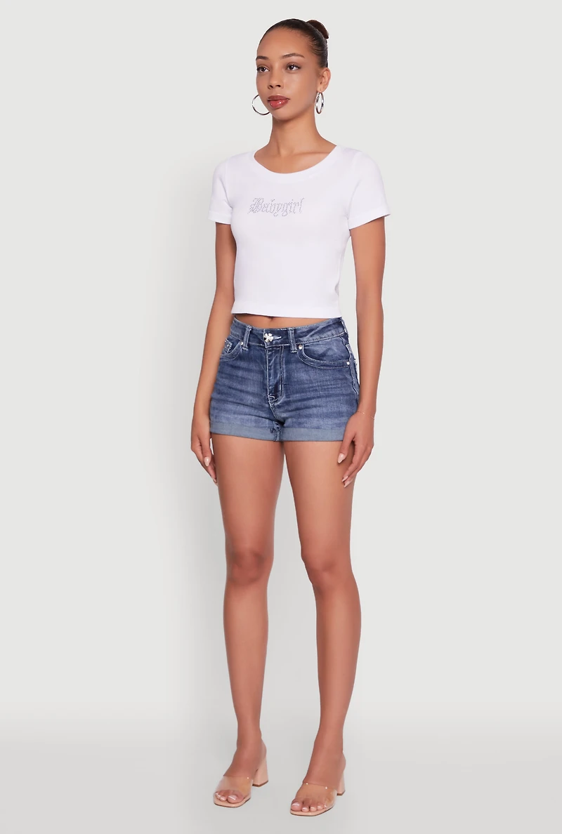 Womens Seamless Rhinestone Babygirl Graphic Cropped Tee, White,