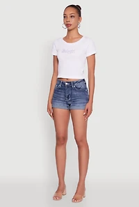 Womens Seamless Rhinestone Babygirl Graphic Cropped Tee, White,