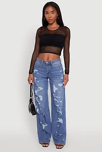 Womens Fishnet Long Sleeve Solid Crop Top, Black, Size S-M