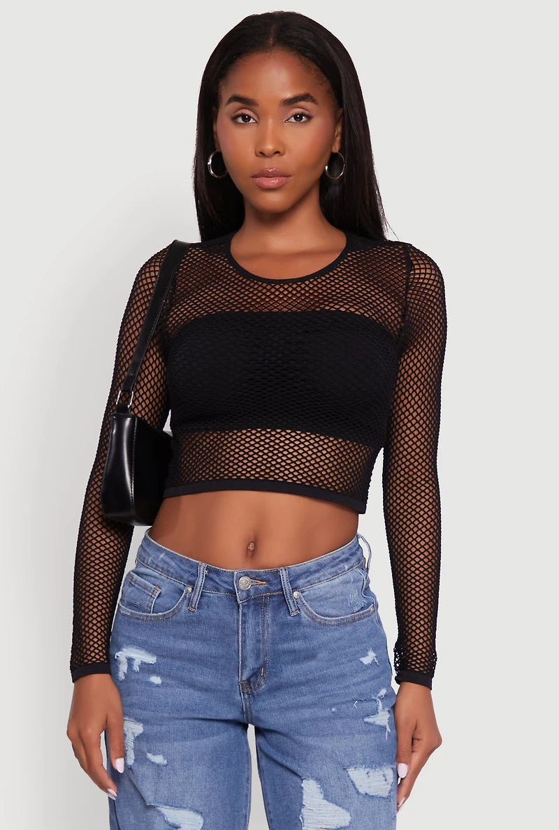 Womens Fishnet Long Sleeve Solid Crop Top, Black, Size S-M