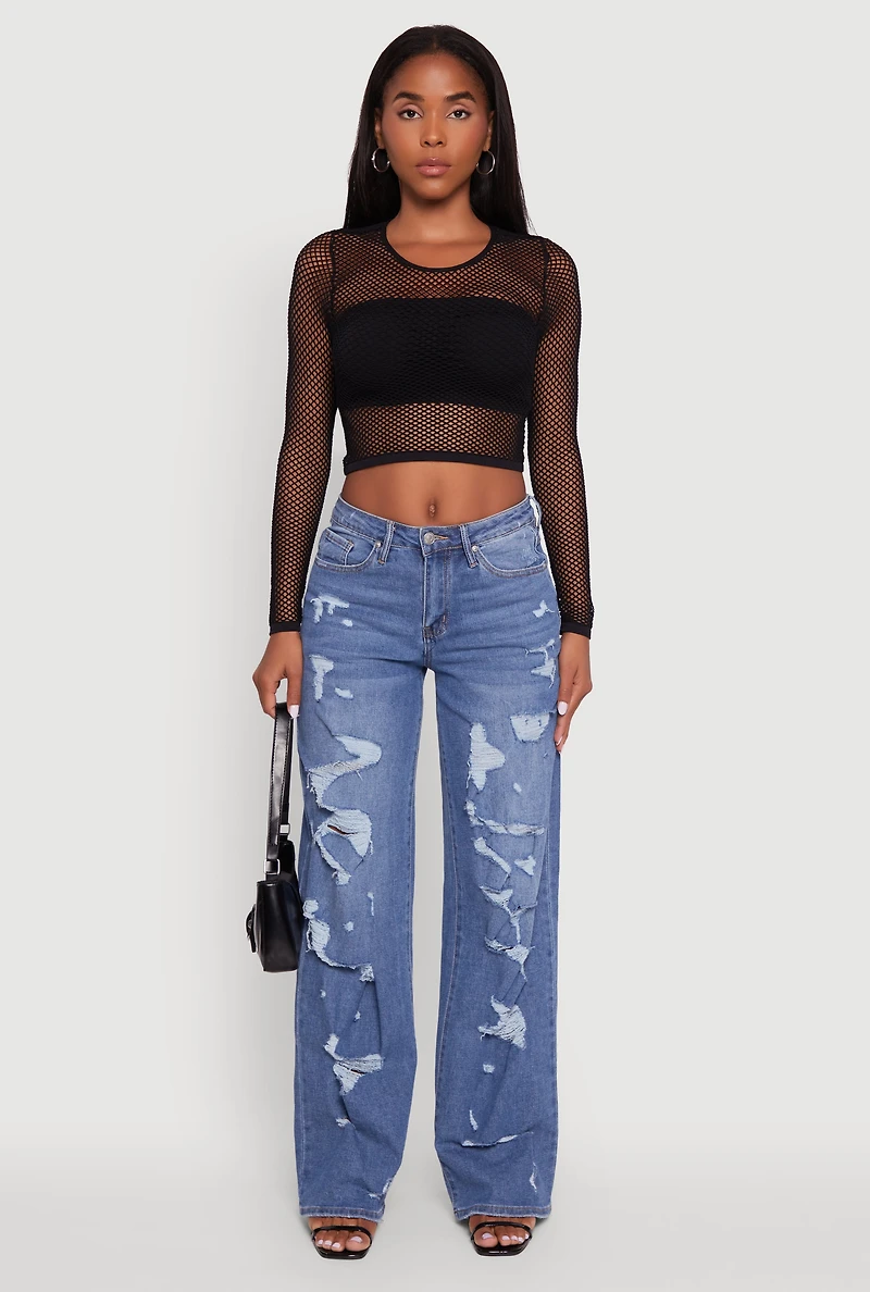 Womens Fishnet Long Sleeve Solid Crop Top, Black, Size S-M