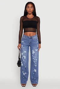 Womens Fishnet Long Sleeve Solid Crop Top, Black, Size S-M