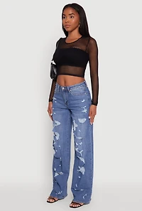 Womens Fishnet Long Sleeve Solid Crop Top, Black, Size S-M