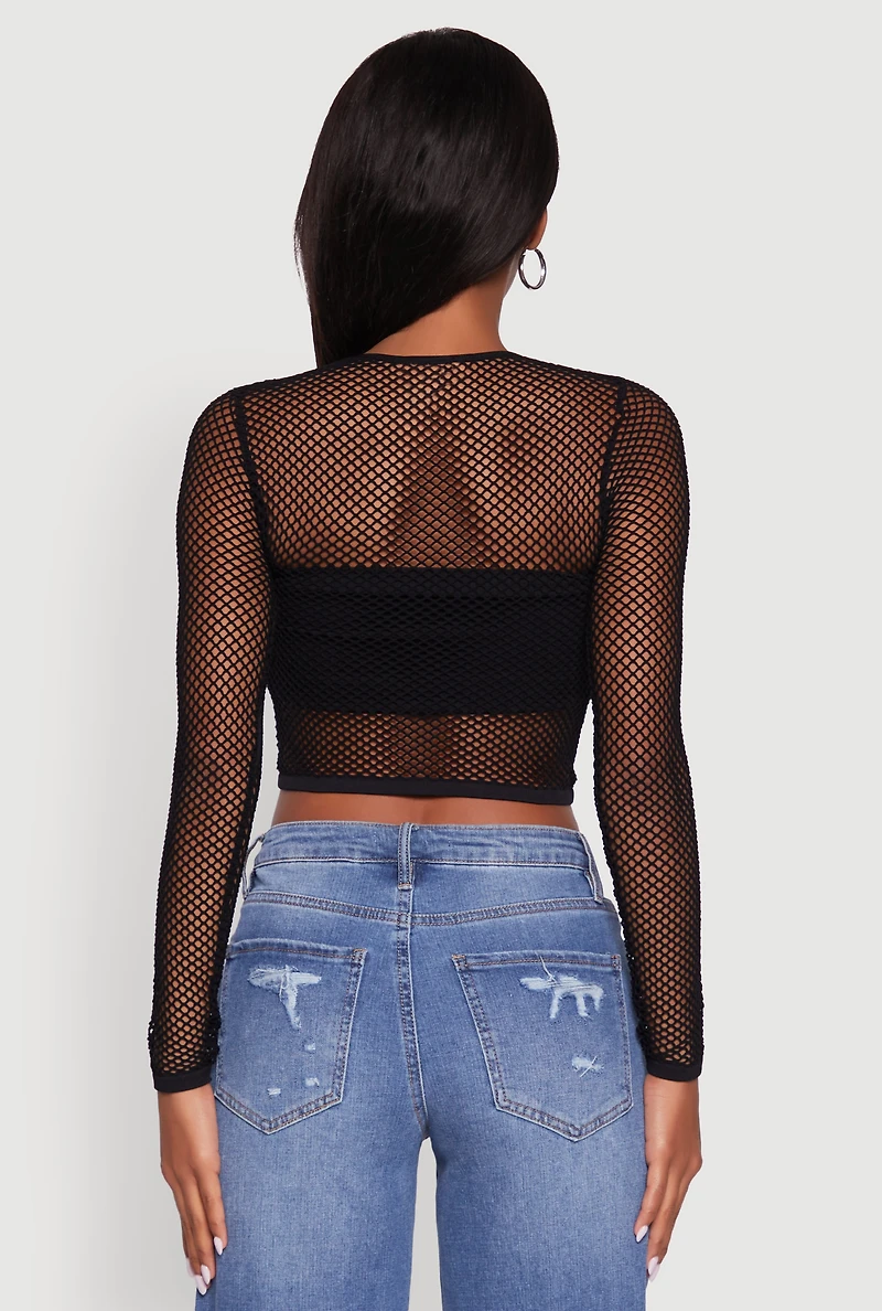 Womens Fishnet Long Sleeve Solid Crop Top, Black, Size S-M