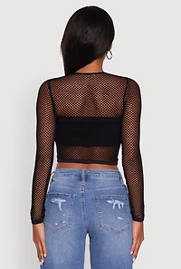 Womens Fishnet Long Sleeve Solid Crop Top, Black, Size S-M