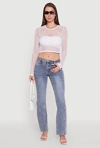 Womens Fishnet Long Sleeve Solid Crop Top, White, Size L-XL