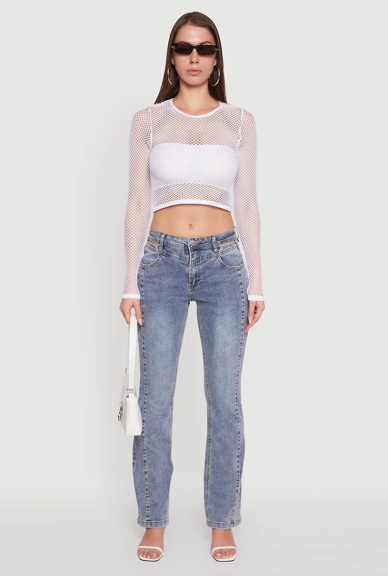 Fishnet Long Sleeve Solid Crop Top