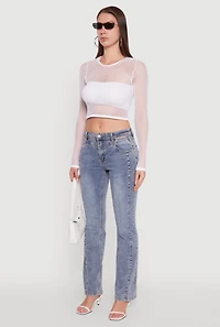 Womens Fishnet Long Sleeve Solid Crop Top, White, Size L-XL