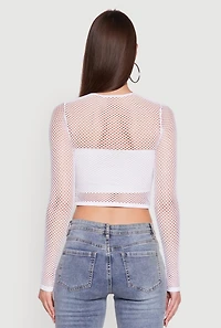 Womens Fishnet Long Sleeve Solid Crop Top, White, Size L-XL