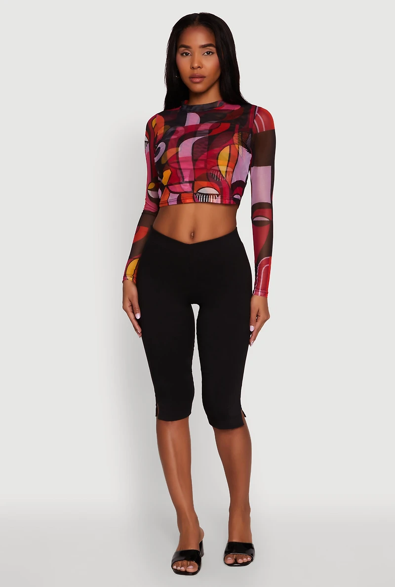 Womens Trendy Mesh Sheer Long Sleeve Crop Top with Printed Pattern, Multi,