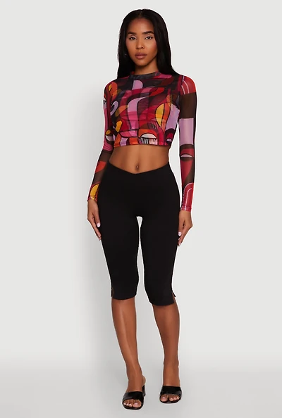 Womens Trendy Mesh Sheer Long Sleeve Crop Top with Printed Pattern, Multi,
