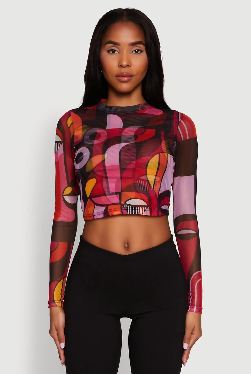 Womens Trendy Mesh Sheer Long Sleeve Crop Top with Printed Pattern, Multi,