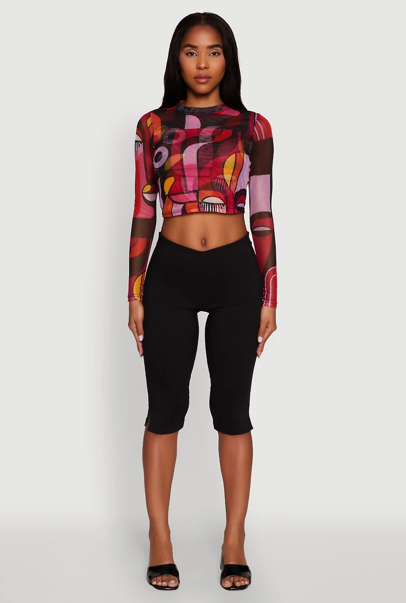 Womens Trendy Mesh Sheer Long Sleeve Crop Top with Printed Pattern, Multi,