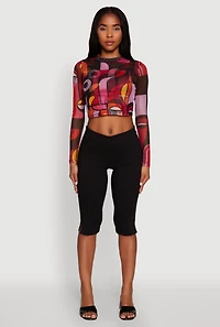 Womens Trendy Mesh Sheer Long Sleeve Crop Top with Printed Pattern, Multi,