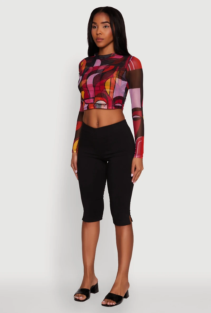 Trendy Mesh Sheer Long Sleeve Crop Top with Printed Pattern
