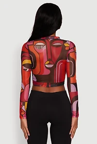 Womens Trendy Mesh Sheer Long Sleeve Crop Top with Printed Pattern, Multi,