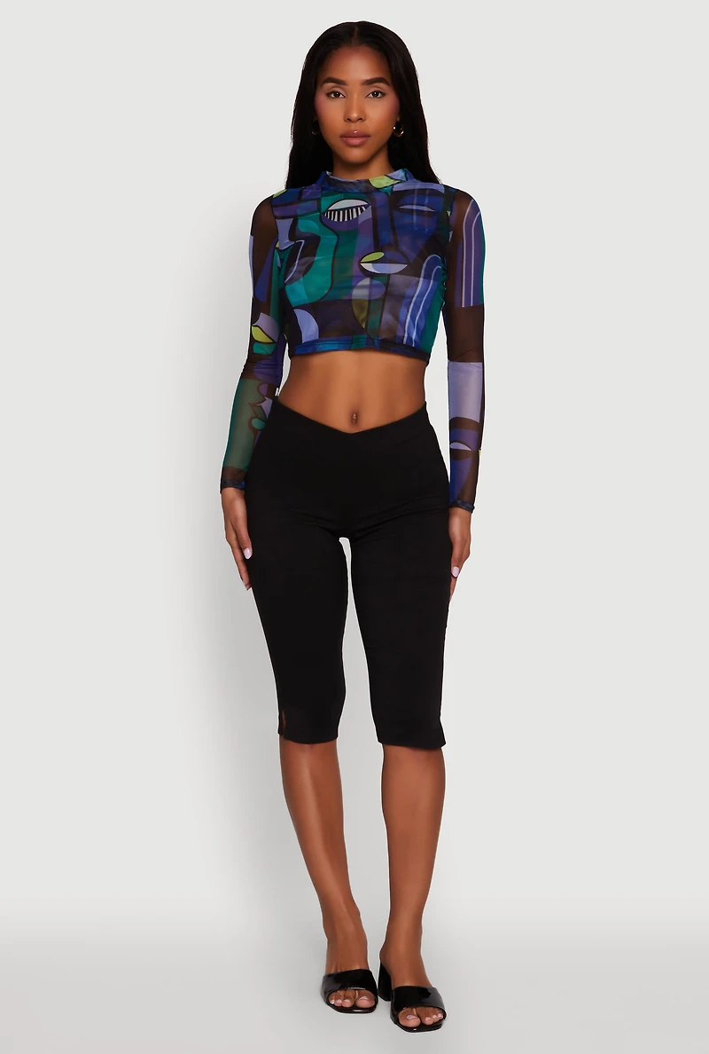 Womens Trendy Mesh Sheer Long Sleeve Crop Top with Printed Pattern,