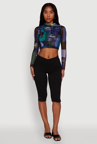 Womens Trendy Mesh Sheer Long Sleeve Crop Top with Printed Pattern,