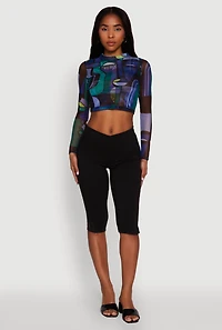 Womens Trendy Mesh Sheer Long Sleeve Crop Top with Printed Pattern,