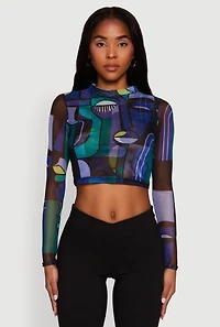 Womens Trendy Mesh Sheer Long Sleeve Crop Top with Printed Pattern,