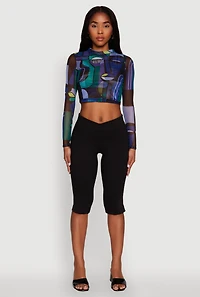 Womens Trendy Mesh Sheer Long Sleeve Crop Top with Printed Pattern,