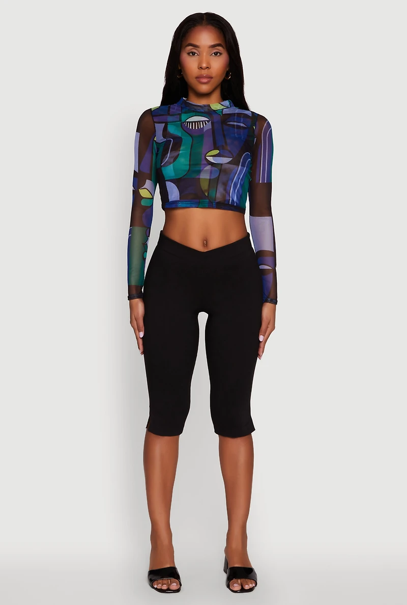 Womens Trendy Mesh Sheer Long Sleeve Crop Top with Printed Pattern, Multi, Size XL