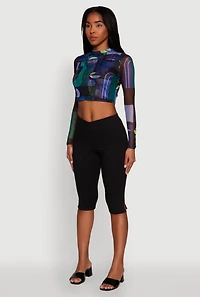 Womens Trendy Mesh Sheer Long Sleeve Crop Top with Printed Pattern,
