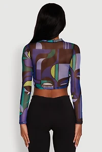 Womens Trendy Mesh Sheer Long Sleeve Crop Top with Printed Pattern,