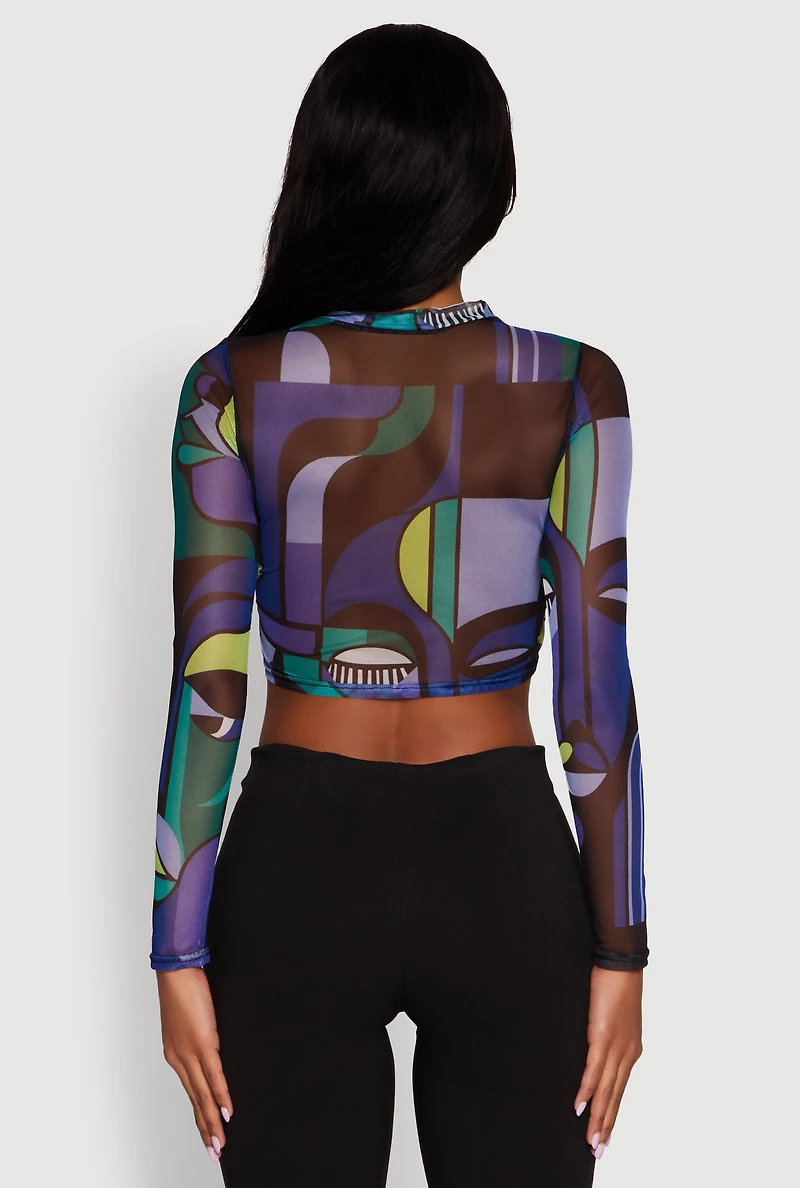 Womens Trendy Mesh Sheer Long Sleeve Crop Top with Printed Pattern, Multi, Size XL