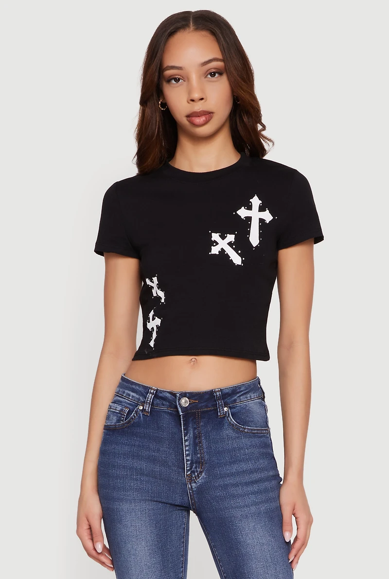 Rhinestone Cross Graphic Cropped Tee